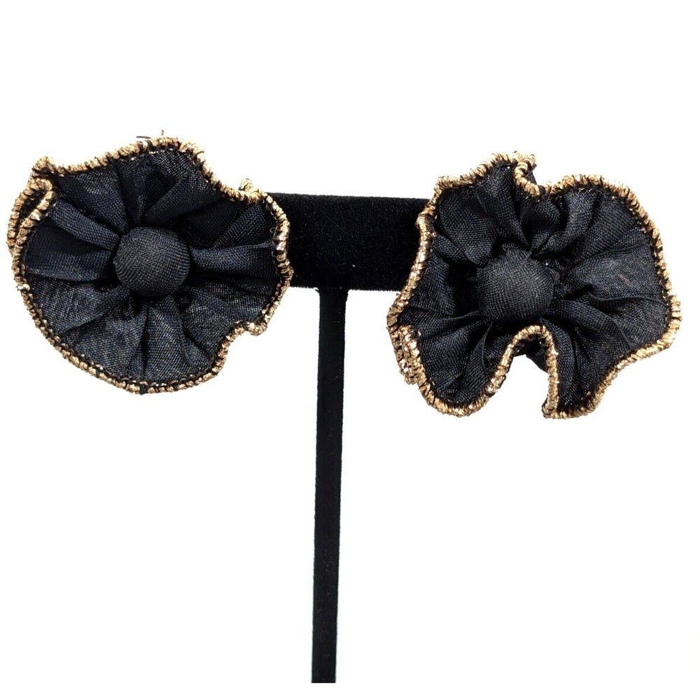 Vintage Black Ribbon Ruffle Gold Tone Round Evening Pierced Earrings